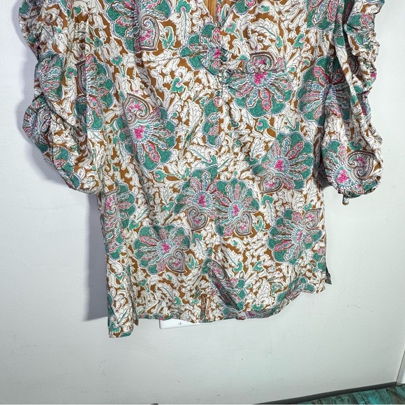 VERONICA BEARD Henrieta Ruched Paisley-print Stretch Silk Blouse Size 6 - Picture 6 of 14